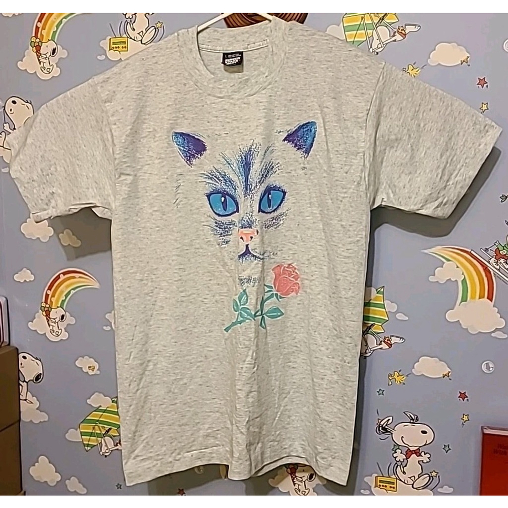 Vintage Cat & Rose Flower Shirt Adult Size Large Gray Made In USA Single Stitch